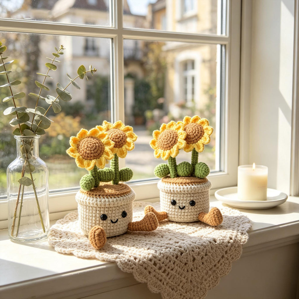 Handmade Crochet Sunflower Pot|Desk and Window Decor