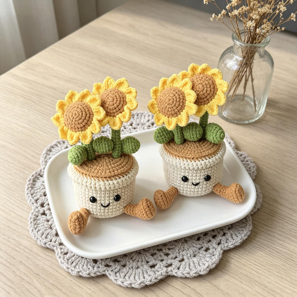 Handmade Crochet Sunflower Pot|Desk and Window Decor