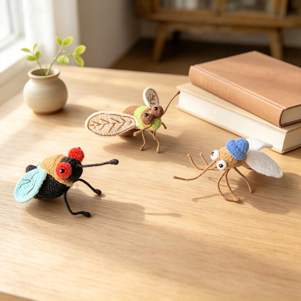 Crochet Bug, Handmade Amigurumi Insect Decor,  Fly Mosquito Cicada Plush, Funny Desk Decor