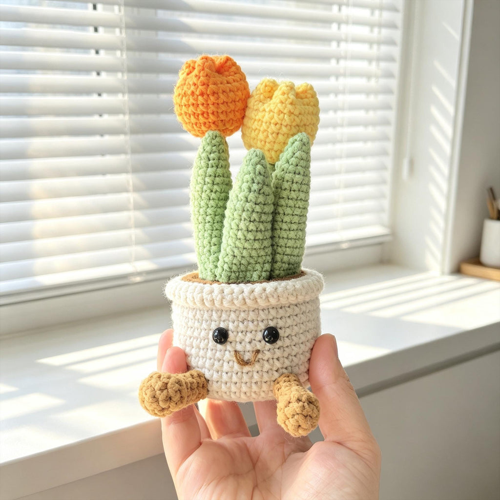 Crochet Tulip Flower Pot Handmade Potted Plant Desk Decor Gift