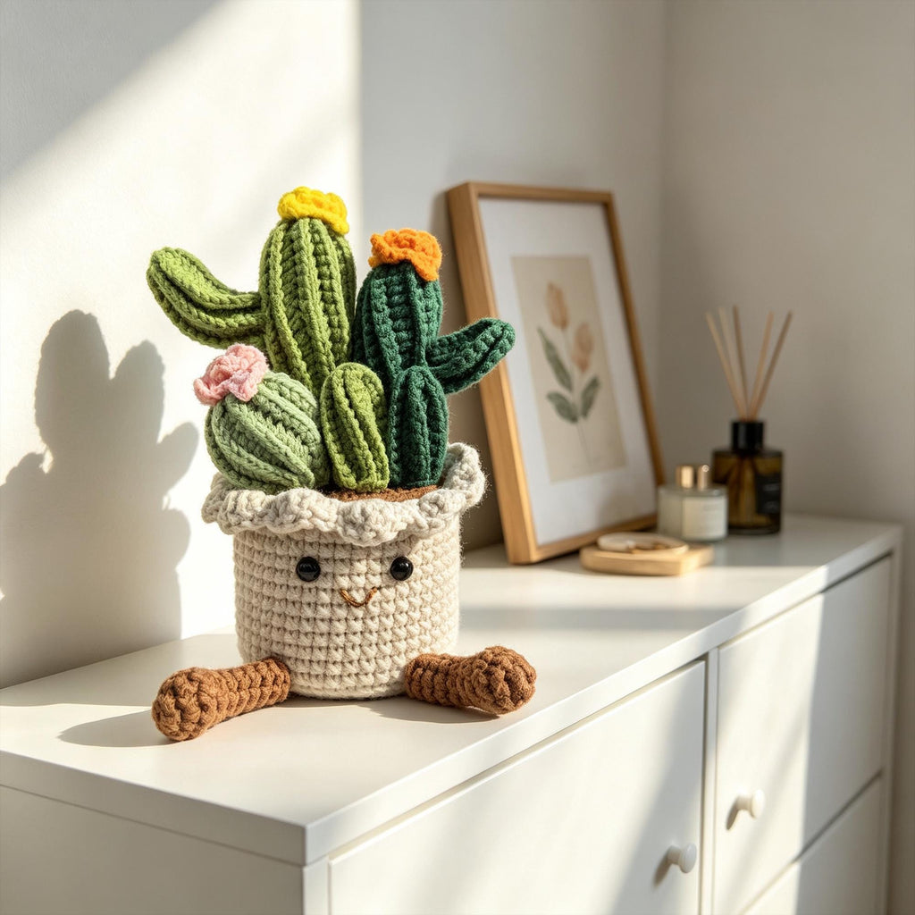 Crochet Cactus Pot Decor, Handmade Amigurumi Plant, Desk Ornament, Housewarming Gift