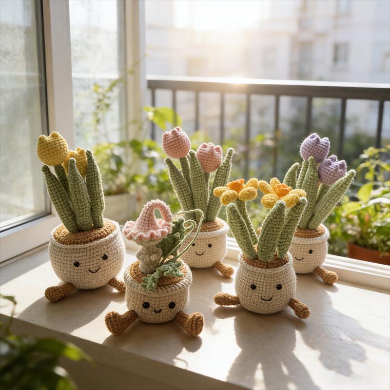 Handmade Crochet Flower Pot | Smiling Plant Plush | Cozy Home Decor Gift