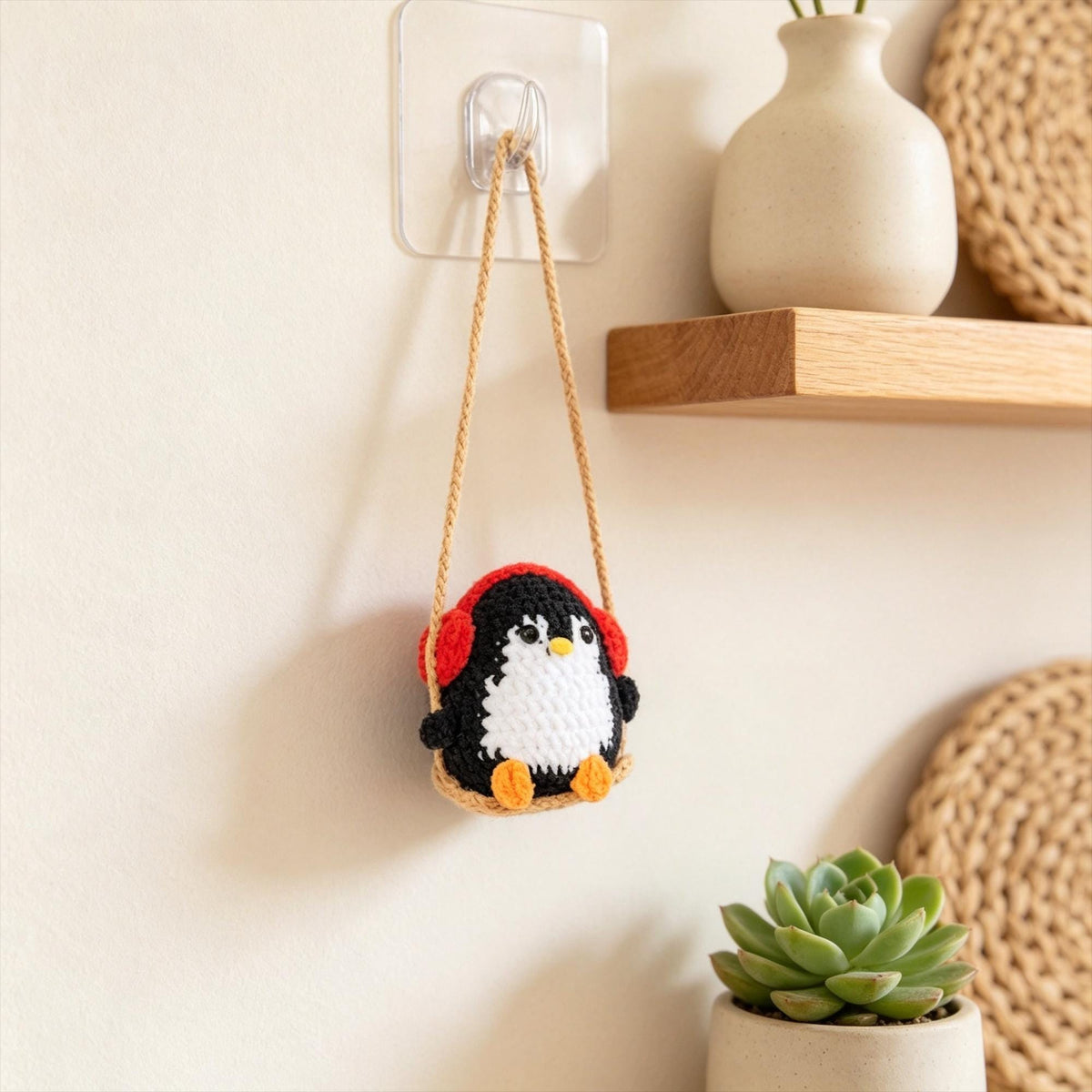 Crochet Penguin Car Hanging, Handmade Rearview Mirror Charm, Amigurumi Car Decor, bag keychain