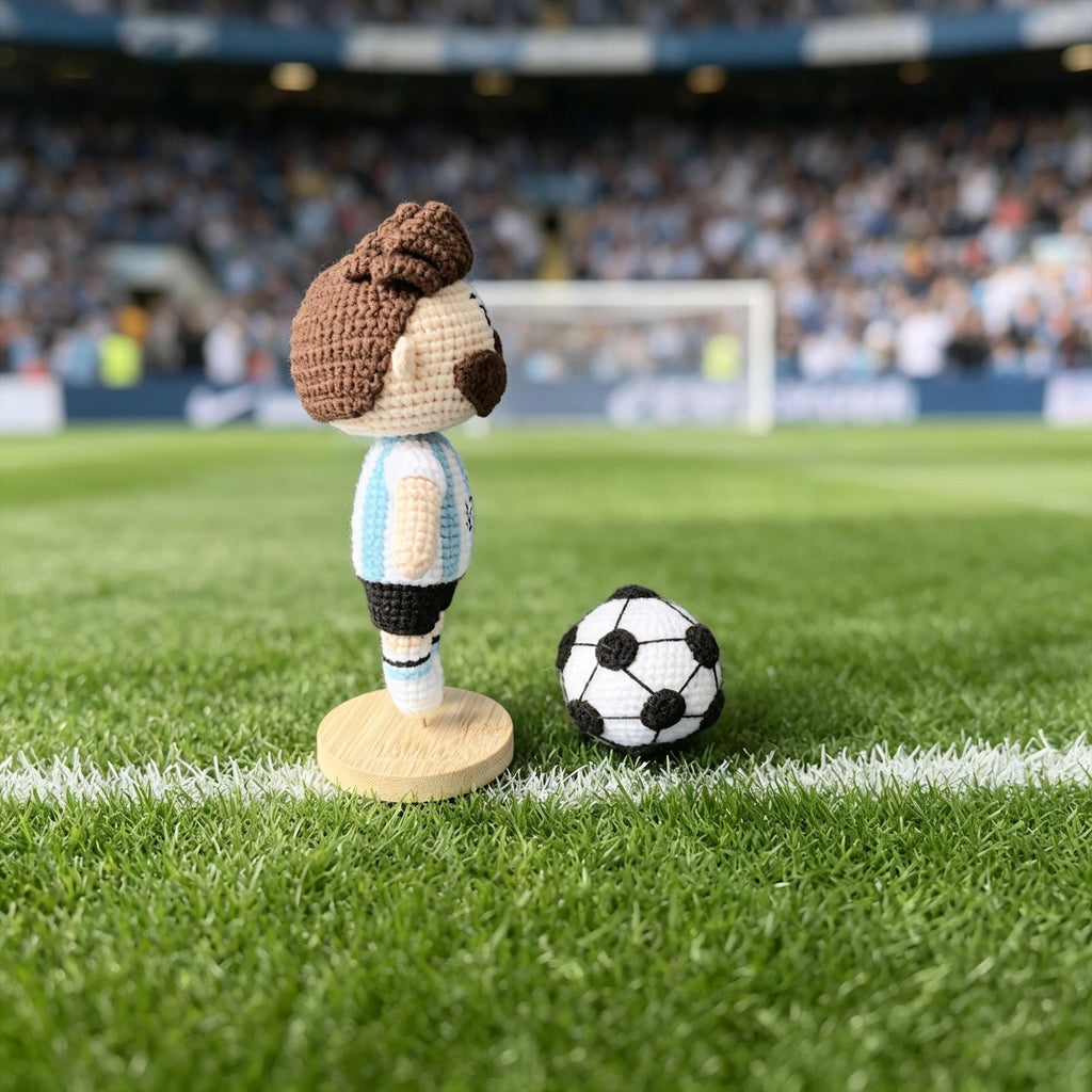 Messi Inspired Crochet Doll with Football,  Handmade Soccer Player Gift, Football Fan Decor