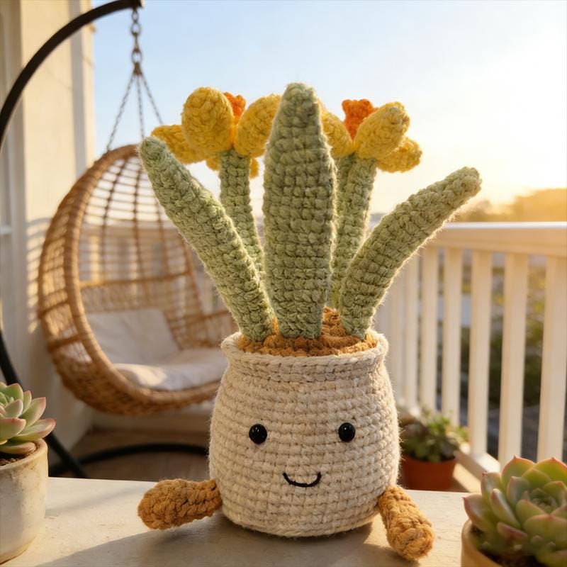 Handmade Crochet Flower Pot | Smiling Plant Plush | Cozy Home Decor Gift