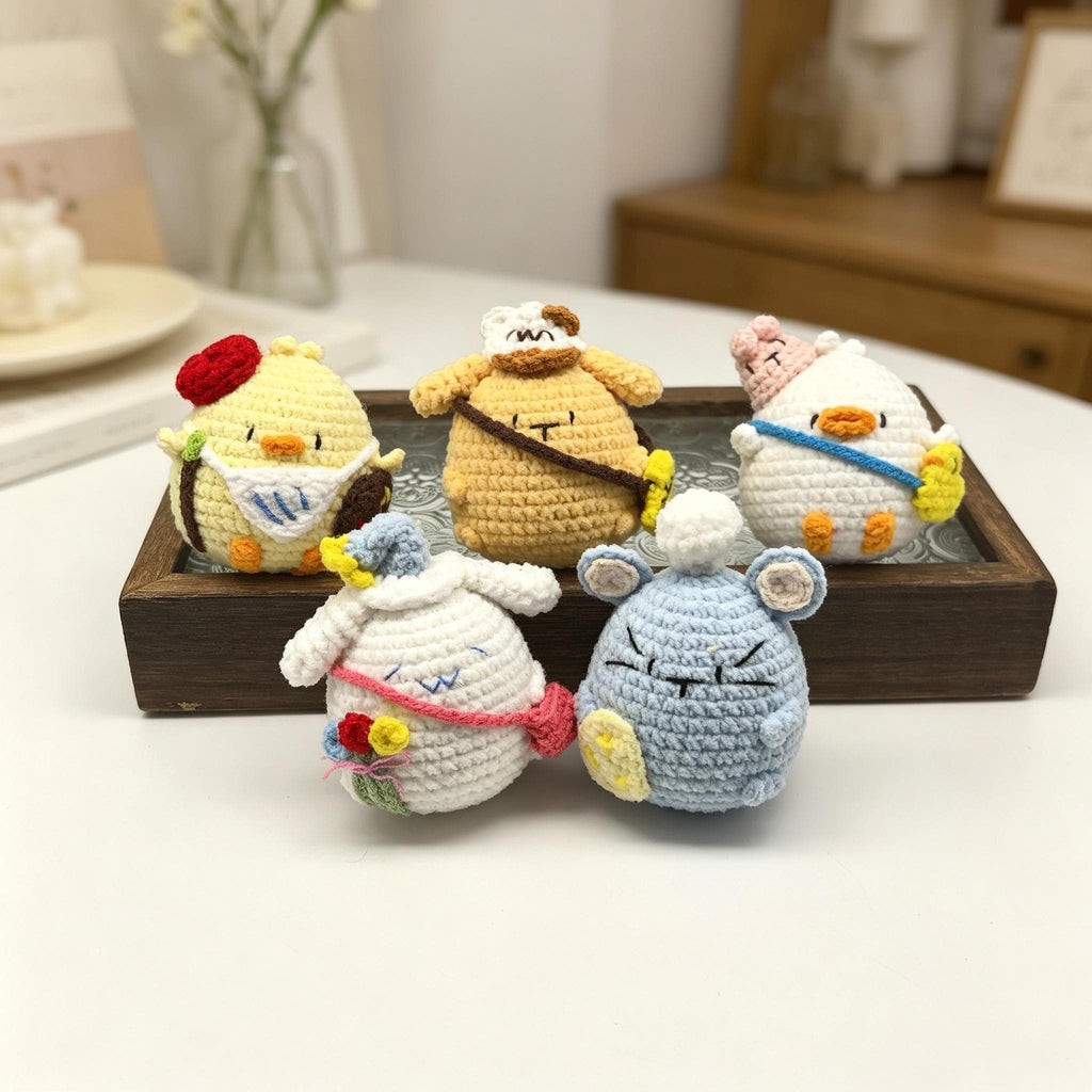 Crochet Round Animal Plush Set Handmade Mini Amigurumi Desk Decor Gift