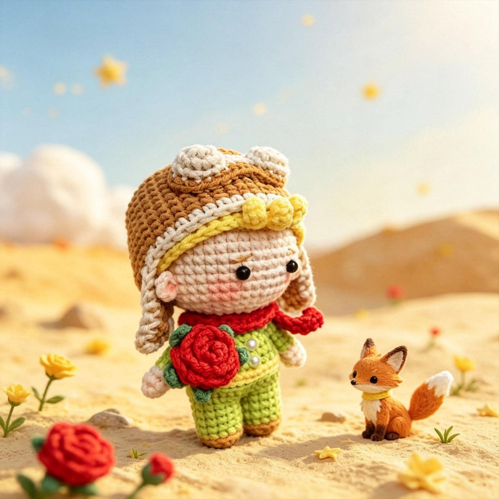 Crochet Fox Plush with Rose, Little Prince Inspired Amigurumi Fox Doll