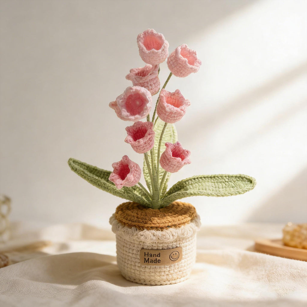 Crochet Pink Bell Flower Pot, Handmade Knitted Lily of the Valley, Desk Decor