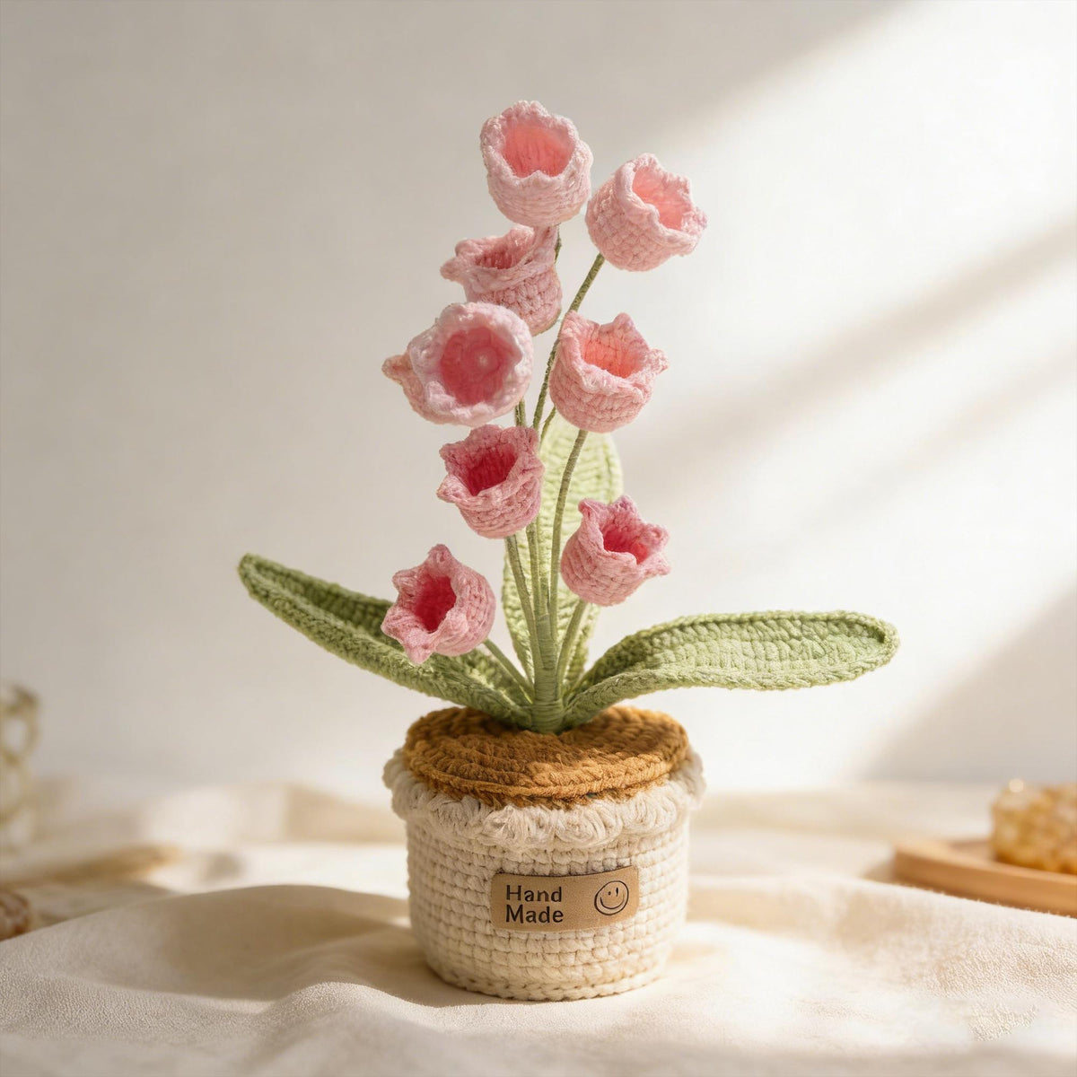 Crochet Pink Bell Flower Pot, Handmade Knitted Lily of the Valley, Desk Decor
