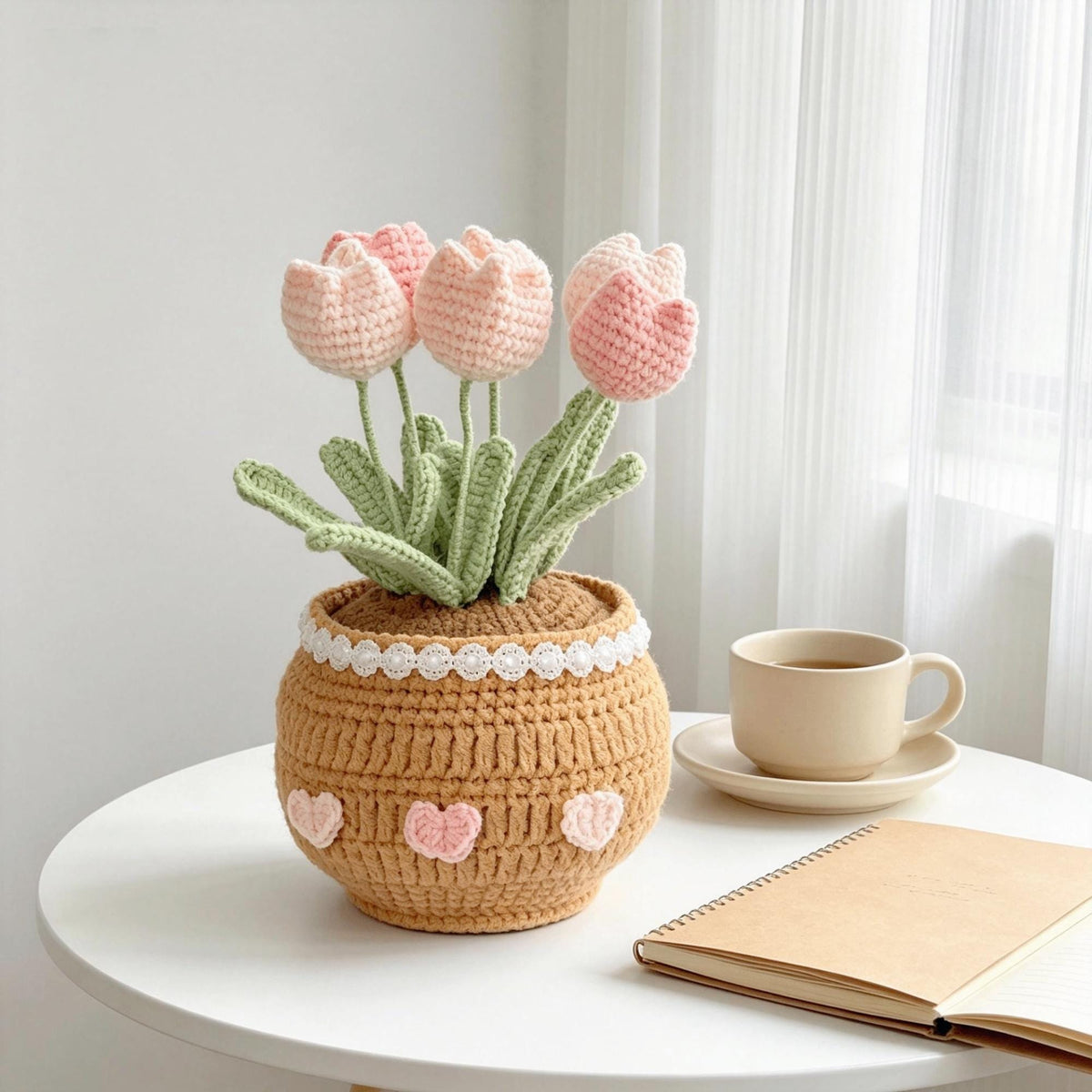 Crochet Tulip Flower Pot, Handmade Pink Tulip,Desk Decor, Mother's Day Gift