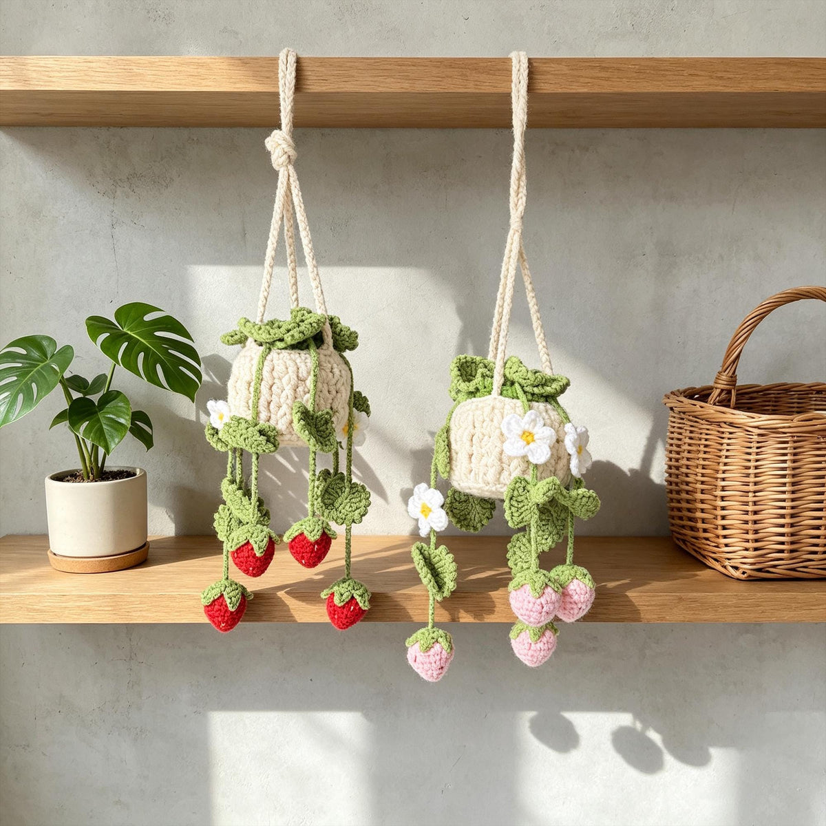 Crochet Strawberry Hanging Basket, Amigurumi Plant Decor, Cottage Garden Wall Hanging