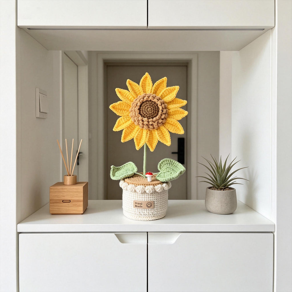 Crochet Sunflower Flower Pot, Handmade Knitted,  Desk Decor, Everlasting Flower Gift for Her