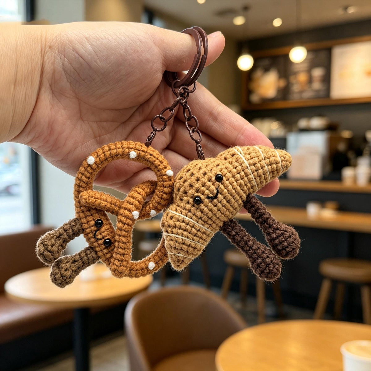 Crochet Pretzel & Croissant Plush |  Amigurumi Food Keychain | Handmade Bakery Decor | Mini Crochet Toy