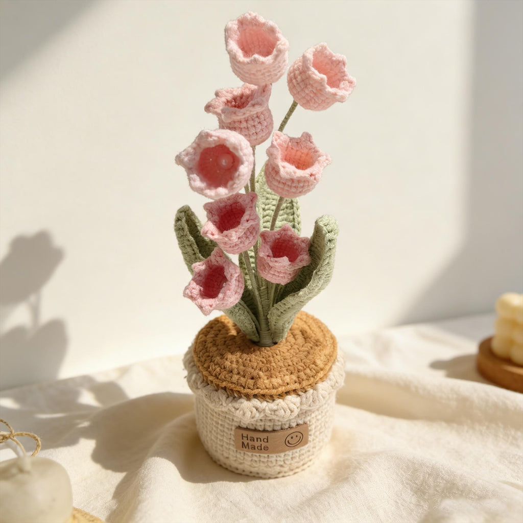 Crochet Pink Bell Flower Pot, Handmade Knitted Lily of the Valley, Desk Decor