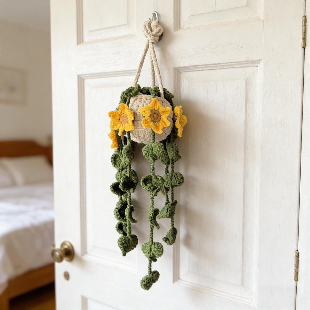 Crochet Sunflower Car Hanging Plant | Handmade Rearview Mirror Decor | Hanging Flower Basket Charm