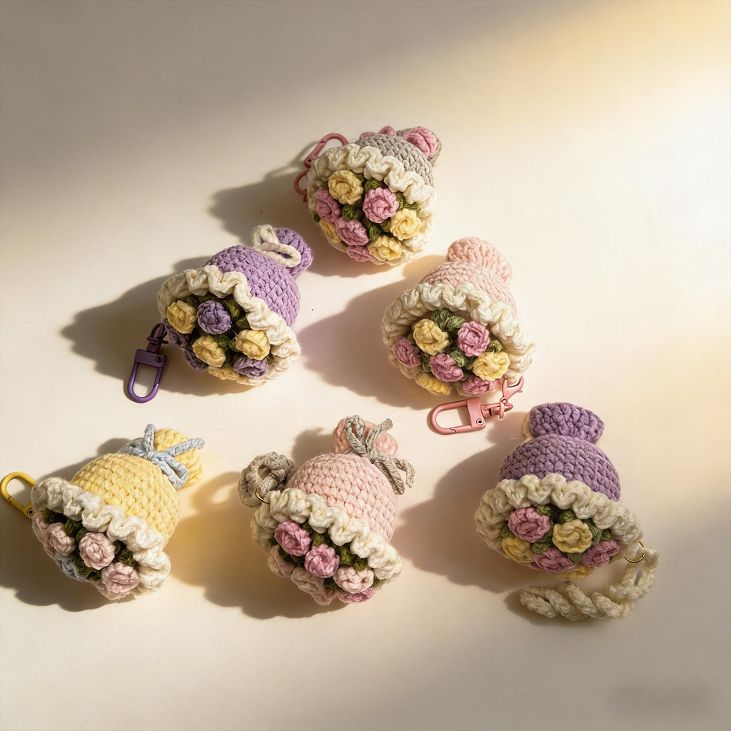 Crochet Flower Bouquet Keychain, Handmade Floral Bag Charm, Crochet Flowers, Gift for Her