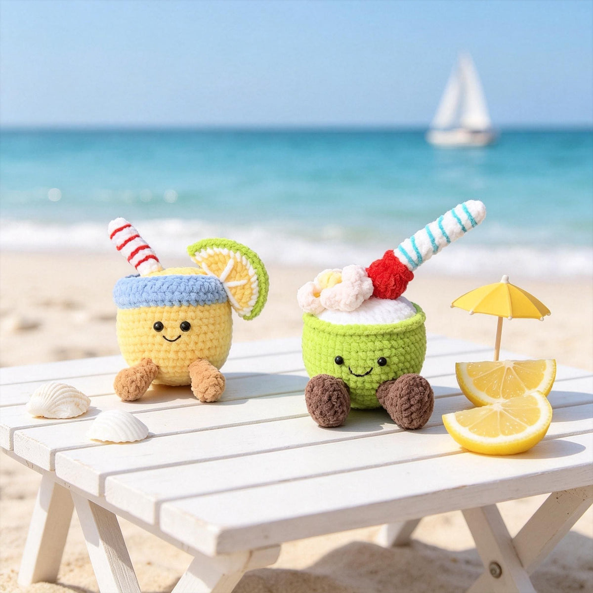Crochet Summer Drink Plush, Handmade Coconut & Lemon Amigurumi, Cute Tropical Decor, Kawaii Desk Companion, Summer Gift