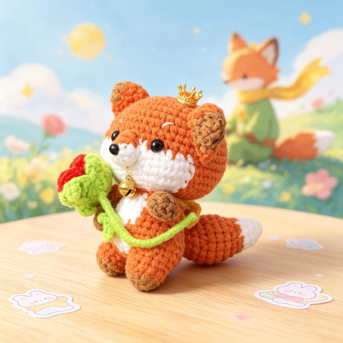 Crochet Fox Plush with Rose, Little Prince Inspired Amigurumi Fox Doll