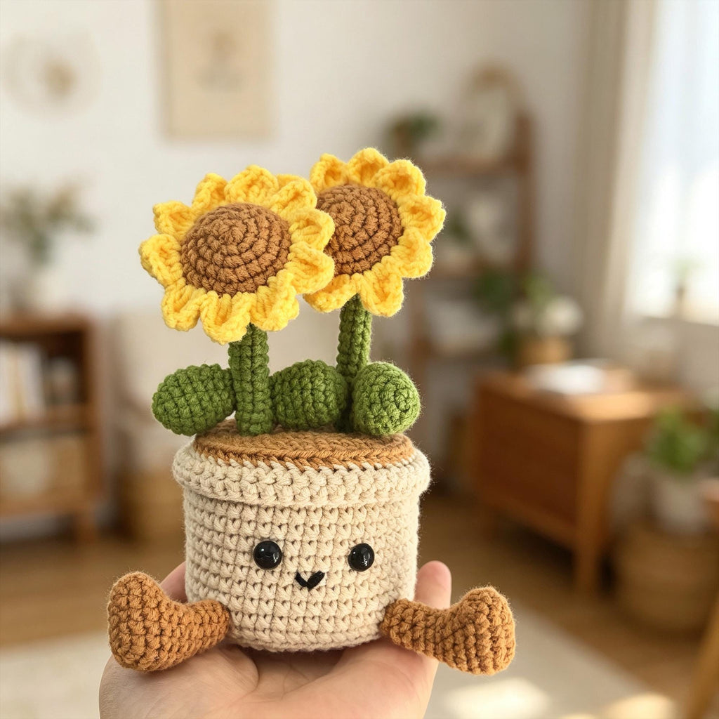 Handmade Crochet Sunflower Pot|Desk and Window Decor