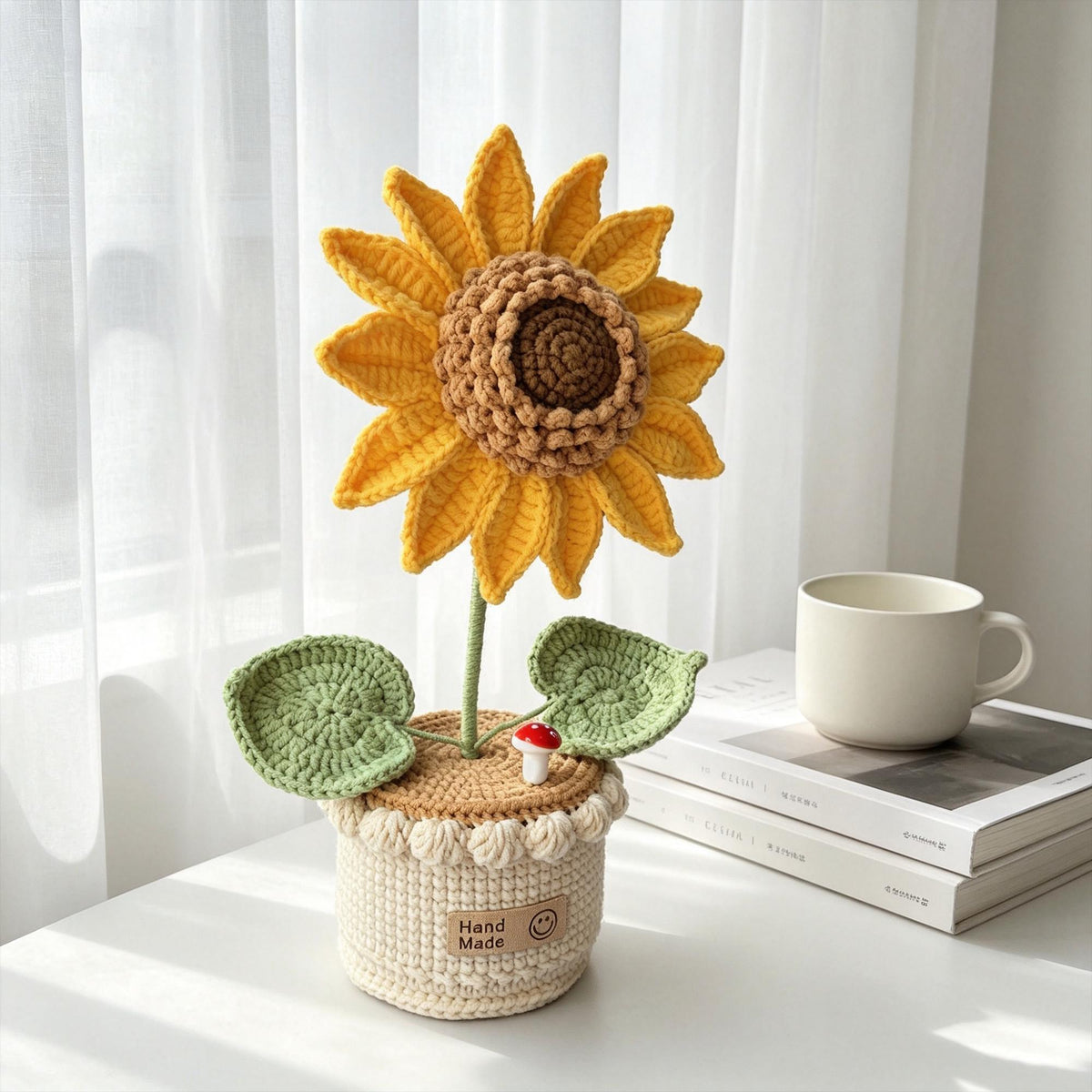 Crochet Sunflower Flower Pot, Handmade Knitted,  Desk Decor, Everlasting Flower Gift for Her