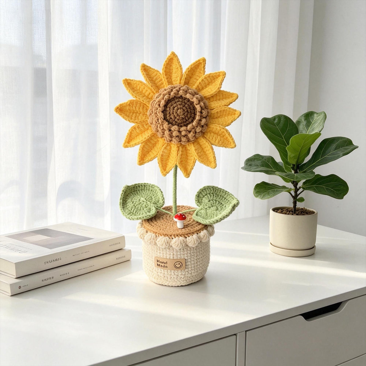 Crochet Sunflower Flower Pot, Handmade Knitted,  Desk Decor, Everlasting Flower Gift for Her