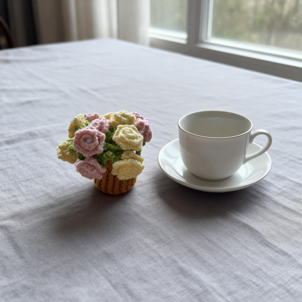 Handmade Crochet Rose Basket | Amigurumi Flower Arrangement | Crochet Bouquet Gift | Valentine’s Day Decor