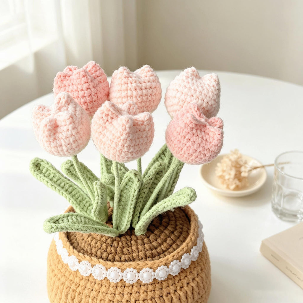 Crochet Tulip Flower Pot, Handmade Pink Tulip,Desk Decor, Mother's Day Gift