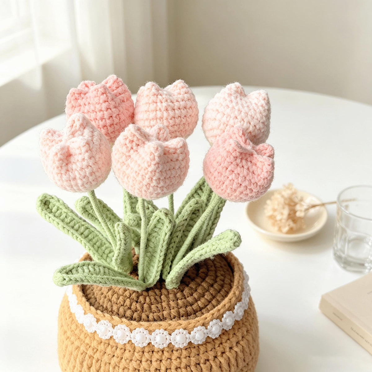 Crochet Tulip Flower Pot, Handmade Pink Tulip,Desk Decor, Mother's Day Gift