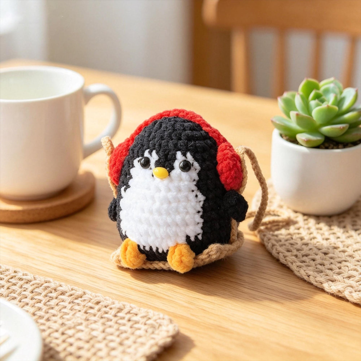 Crochet Penguin Car Hanging, Handmade Rearview Mirror Charm, Amigurumi Car Decor, bag keychain