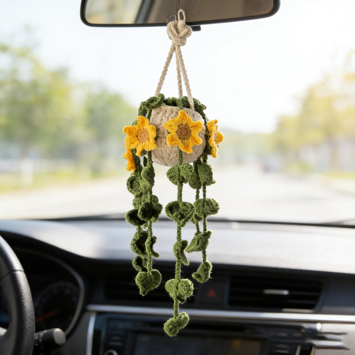 Crochet Sunflower Car Hanging Plant | Handmade Rearview Mirror Decor | Hanging Flower Basket Charm