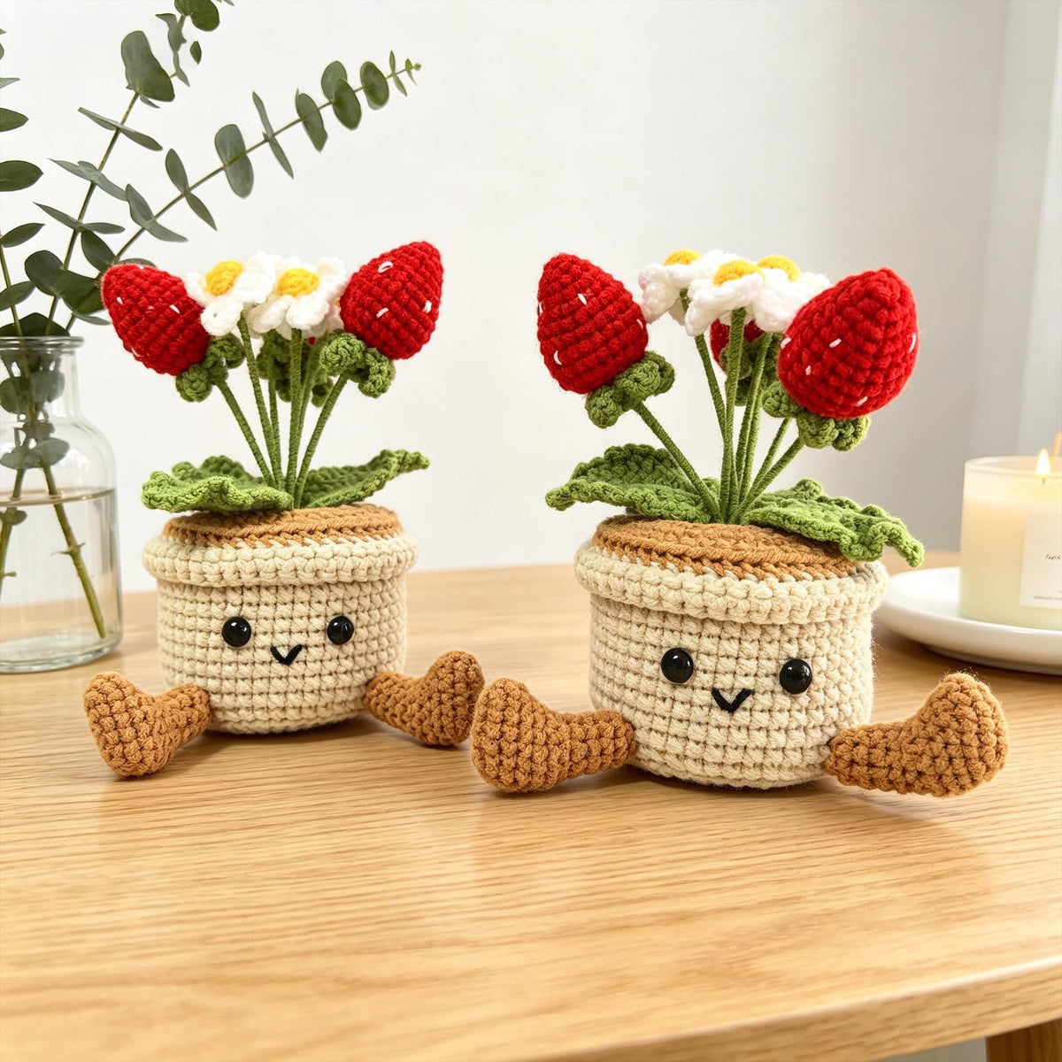 Crochet Strawberry Flower Pot Plush, Handmade Amigurumi Plant Desk Decor Gift