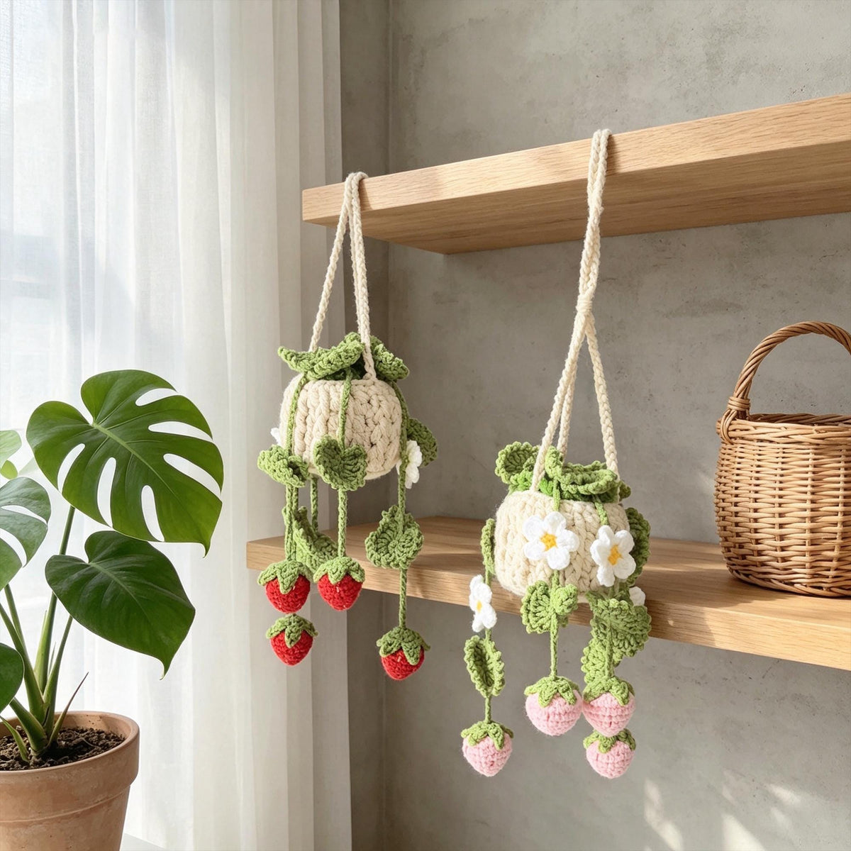 Crochet Strawberry Hanging Basket, Amigurumi Plant Decor, Cottage Garden Wall Hanging