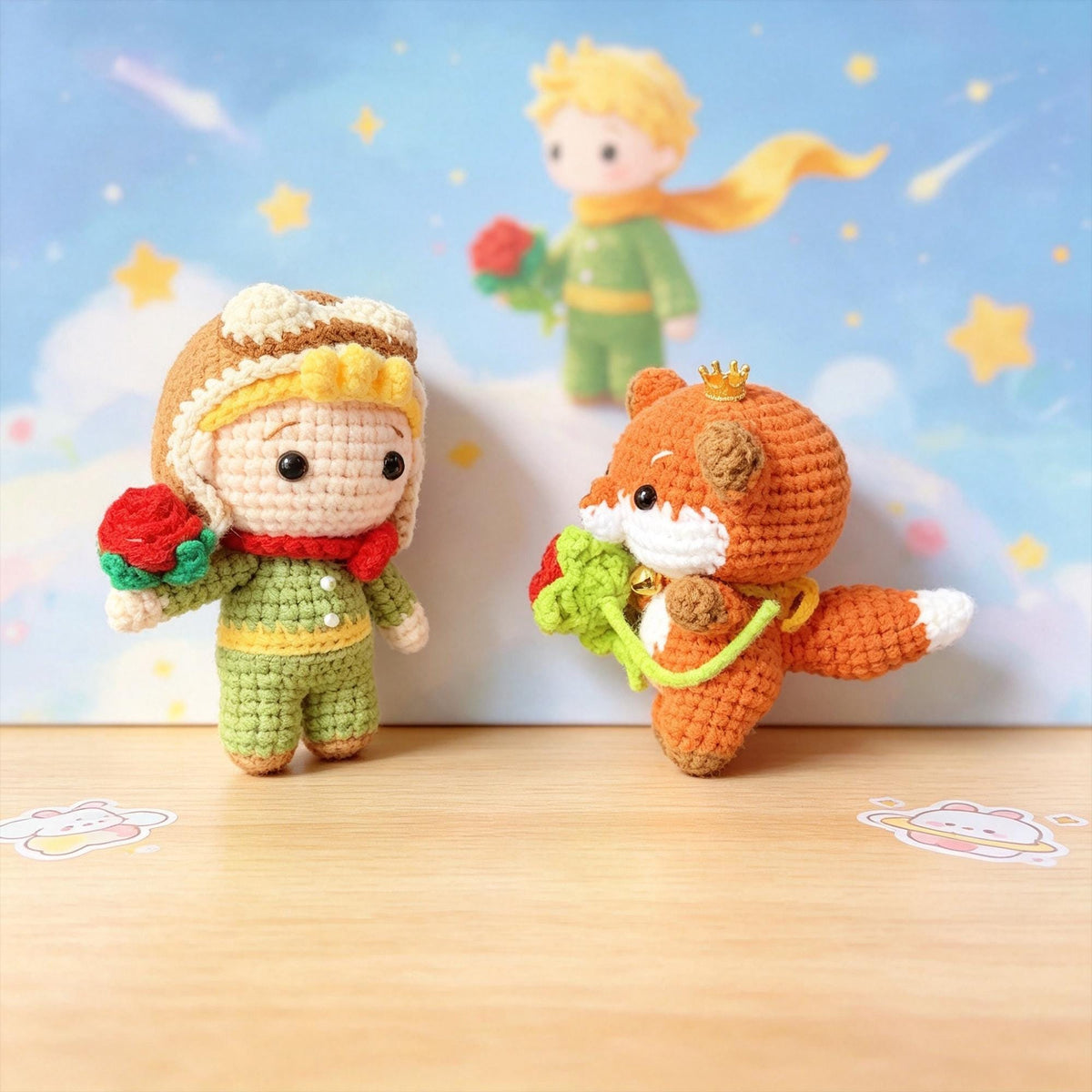 Crochet Fox Plush with Rose, Little Prince Inspired Amigurumi Fox Doll