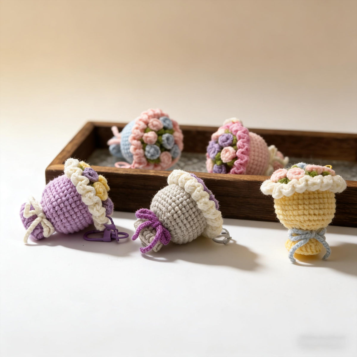 Crochet Flower Bouquet Keychain, Handmade Floral Bag Charm, Crochet Flowers, Gift for Her