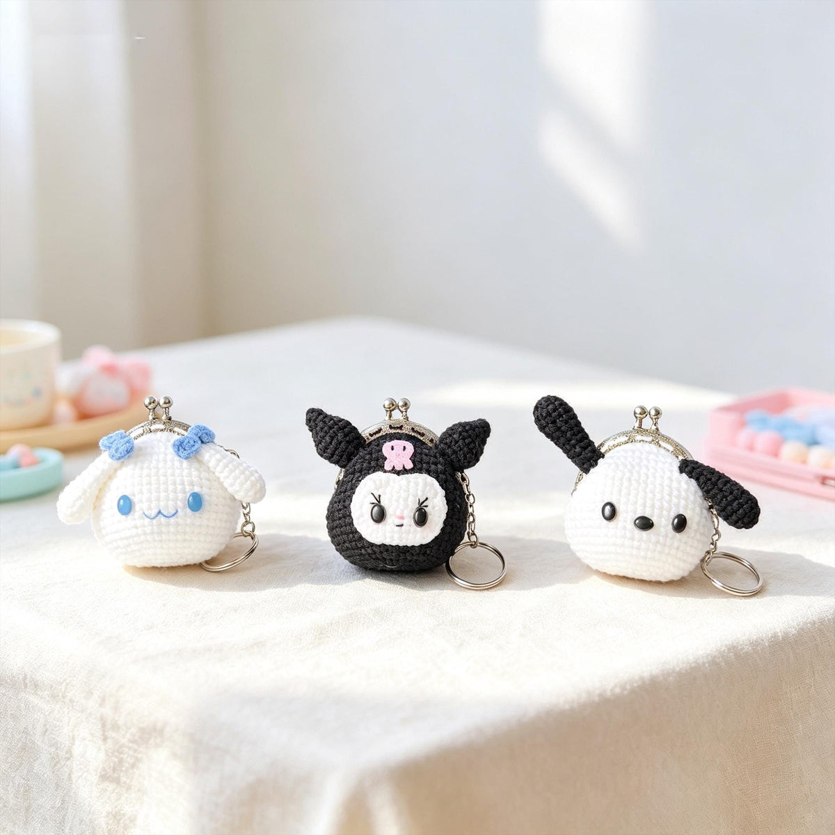 Mini Crochet Coin Purse Keychain, Handmade Kawaii Kiss Lock Pouch, Bag Charm