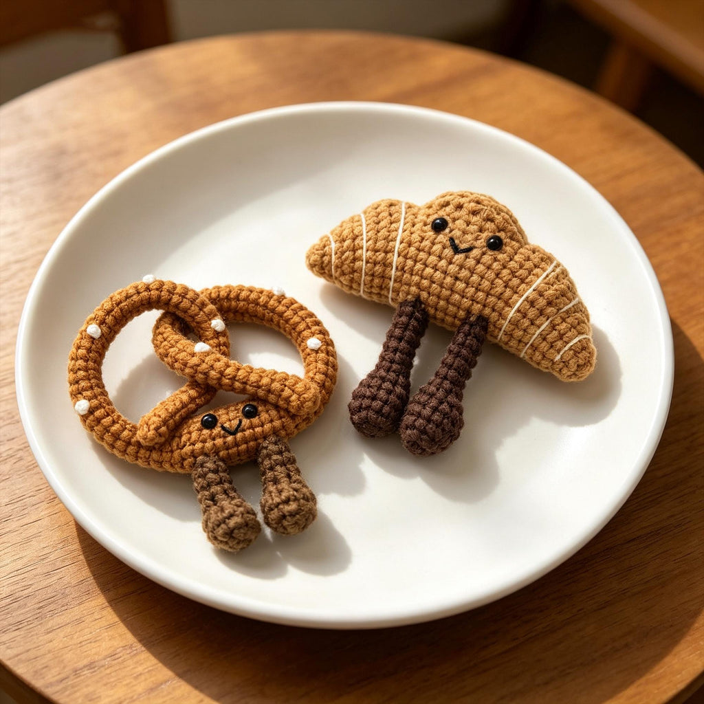 Crochet Pretzel & Croissant Plush |  Amigurumi Food Keychain | Handmade Bakery Decor | Mini Crochet Toy