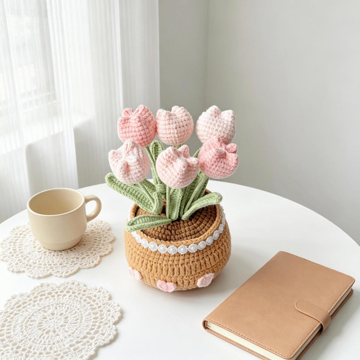 Crochet Tulip Flower Pot, Handmade Pink Tulip,Desk Decor, Mother's Day Gift