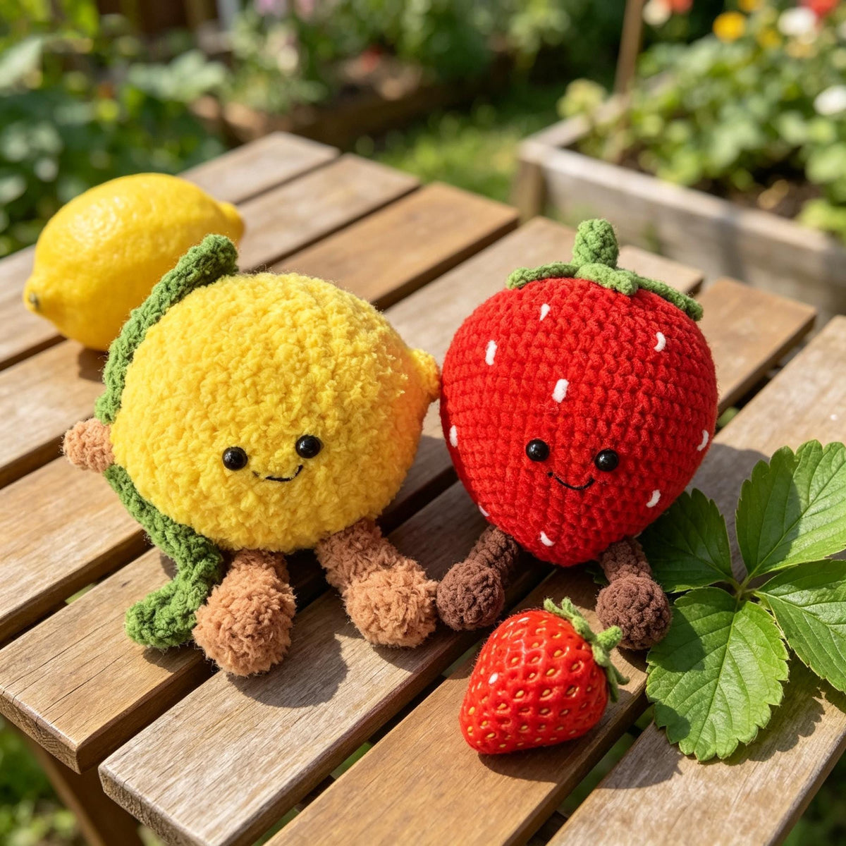 Handmade Crochet Strawberry & Lemon Plush, Amigurumi Fruit Decor, Desk Ornament