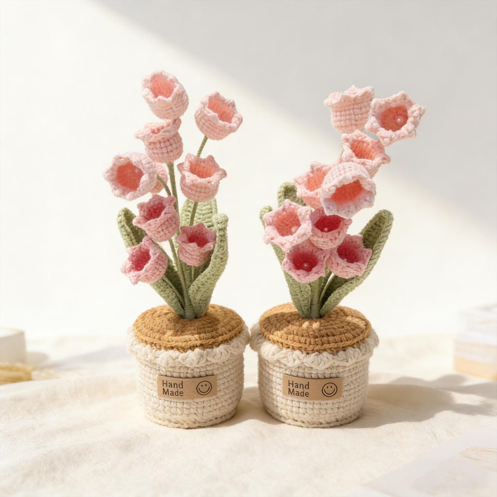 Crochet Pink Bell Flower Pot, Handmade Knitted Lily of the Valley, Desk Decor