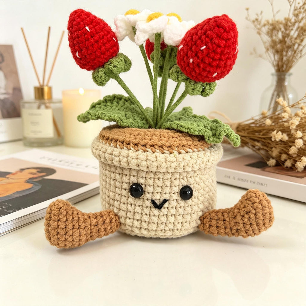 Crochet Strawberry Flower Pot Plush, Handmade Amigurumi Plant Desk Decor Gift