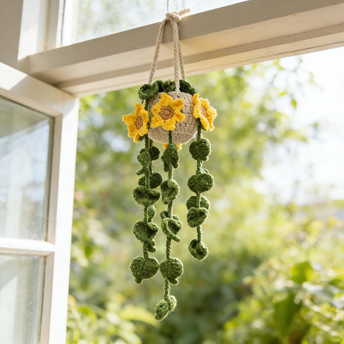 Crochet Sunflower Car Hanging Plant | Handmade Rearview Mirror Decor | Hanging Flower Basket Charm