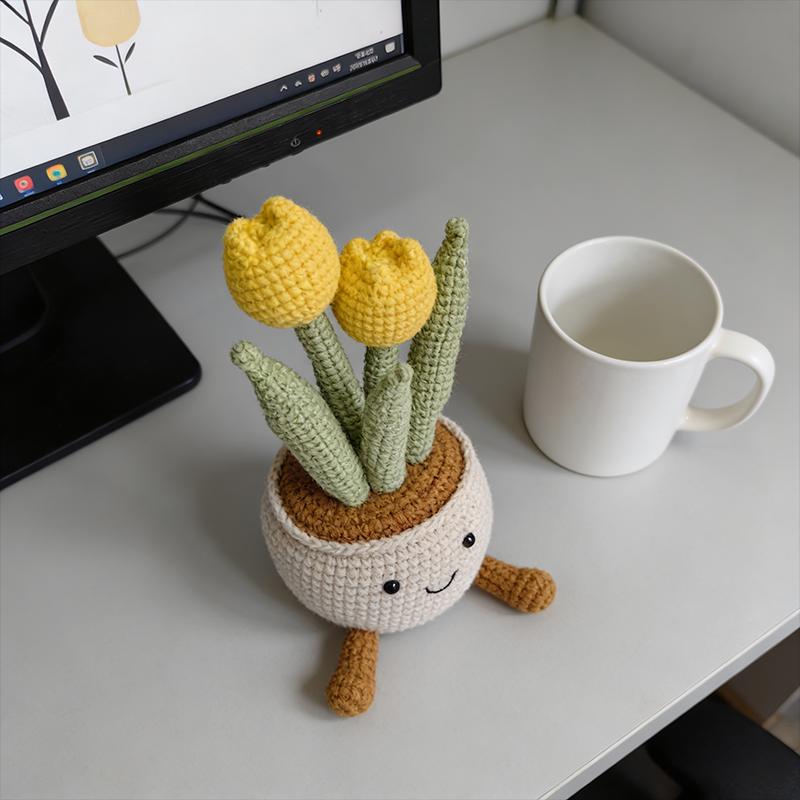Handmade Crochet Flower Pot | Smiling Plant Plush | Cozy Home Decor Gift