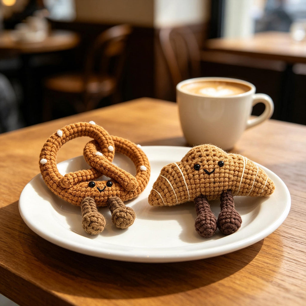 Crochet Pretzel & Croissant Plush |  Amigurumi Food Keychain | Handmade Bakery Decor | Mini Crochet Toy