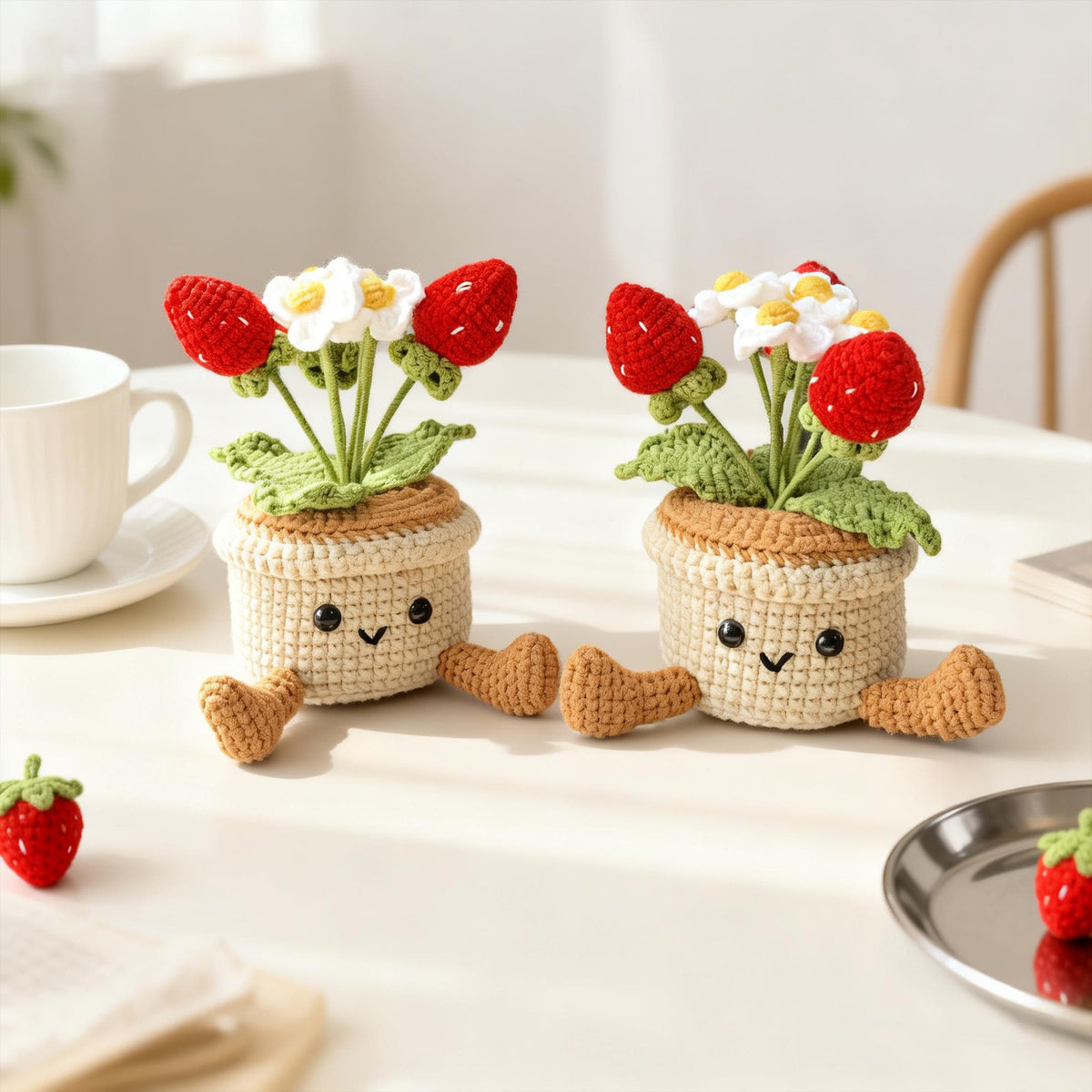 Crochet Strawberry Flower Pot Plush, Handmade Amigurumi Plant Desk Decor Gift
