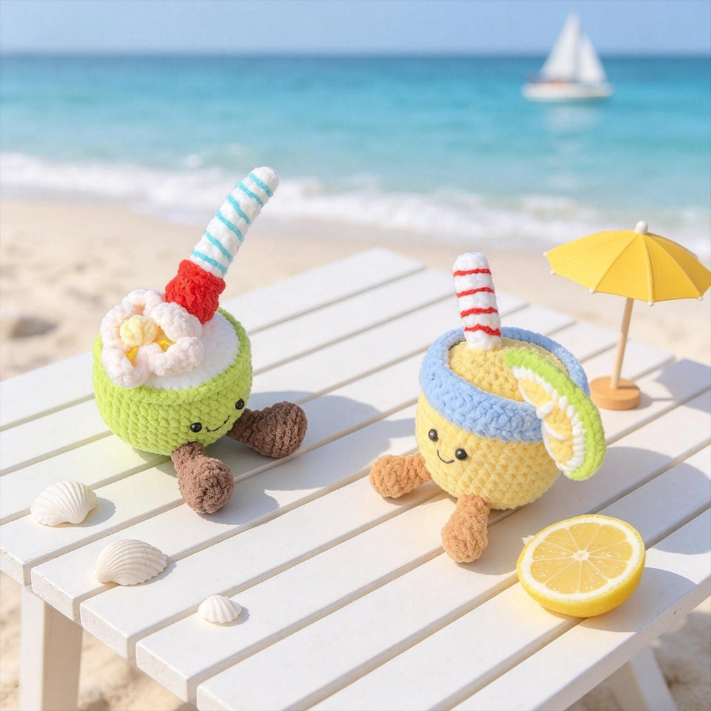 Crochet Summer Drink Plush, Handmade Coconut & Lemon Amigurumi, Cute Tropical Decor, Kawaii Desk Companion, Summer Gift