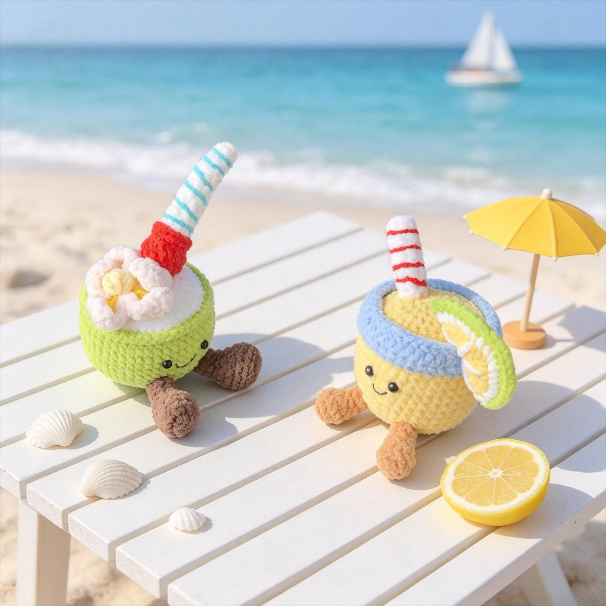 Crochet Summer Drink Plush, Handmade Coconut & Lemon Amigurumi, Cute Tropical Decor, Kawaii Desk Companion, Summer Gift