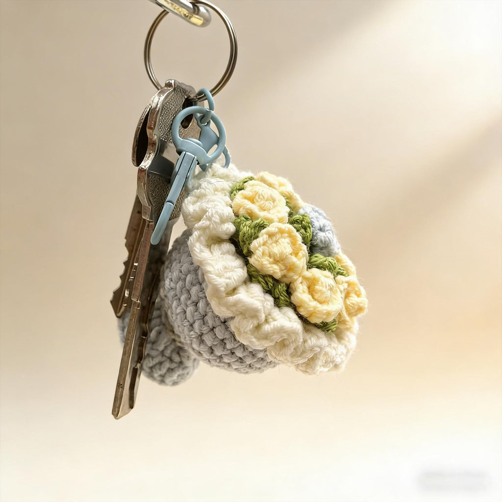 Crochet Flower Bouquet Keychain, Handmade Floral Bag Charm, Crochet Flowers, Gift for Her