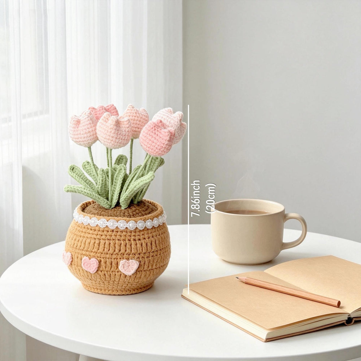 Crochet Tulip Flower Pot, Handmade Pink Tulip,Desk Decor, Mother's Day Gift