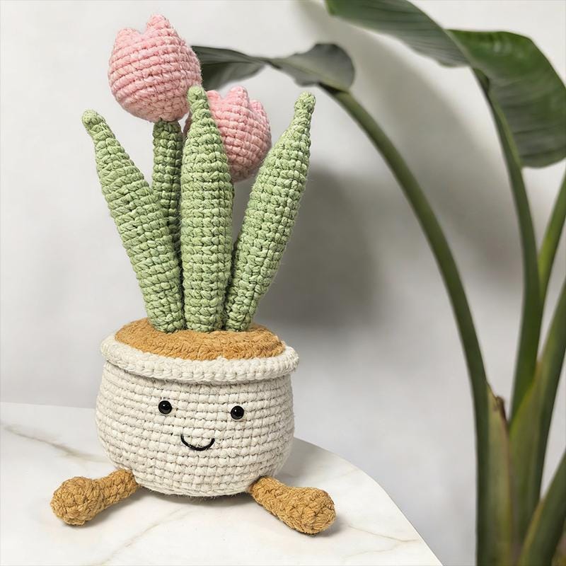 Handmade Crochet Flower Pot | Smiling Plant Plush | Cozy Home Decor Gift