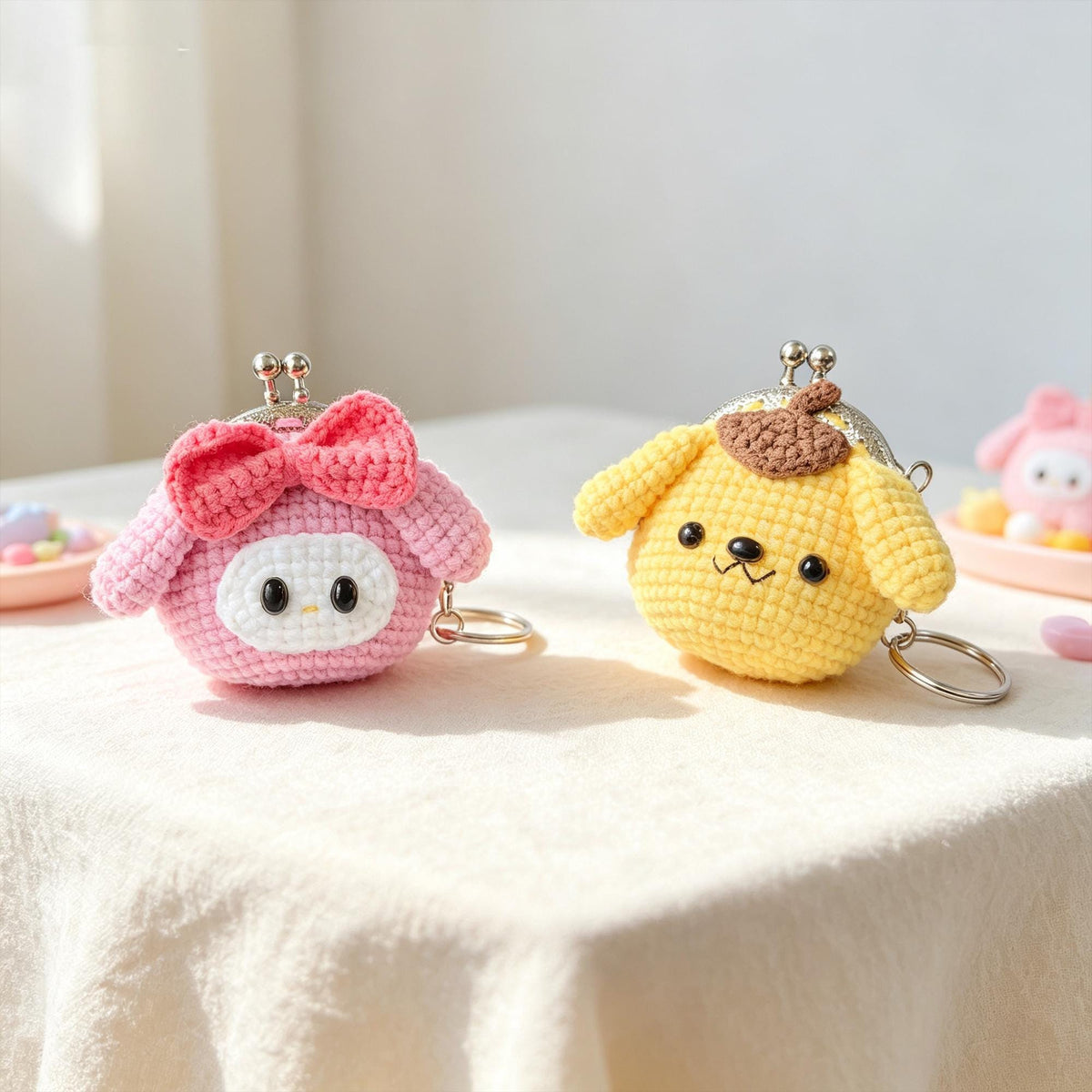 Mini Crochet Coin Purse Keychain, Handmade Kawaii Kiss Lock Pouch, Bag Charm